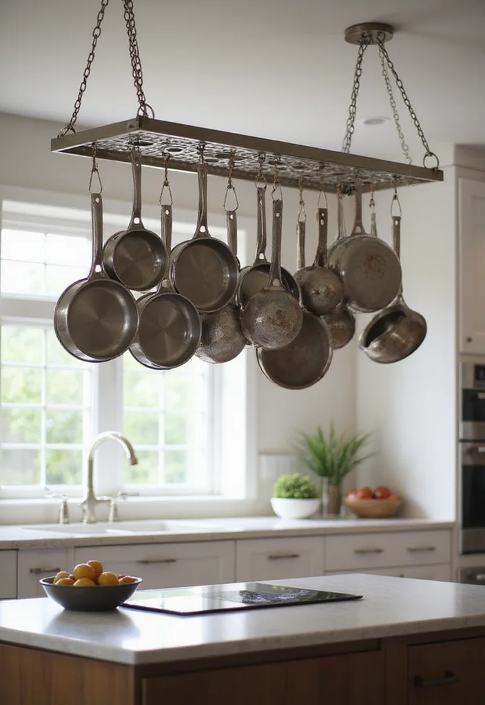 17 Small Kitchen Organization Ideas That Maximize Every Inch of Space! - 5. Hang Pots and Pans on a Rack 1