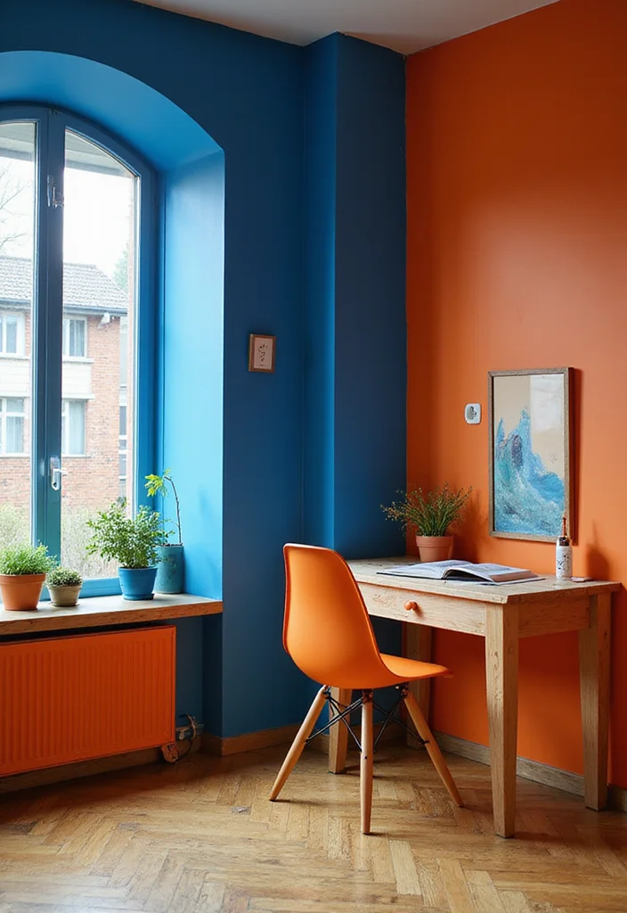 20 Color Palette Ideas for Interiors That Influence Your Mood - 12. Bold Orange and Deep Blue 1
